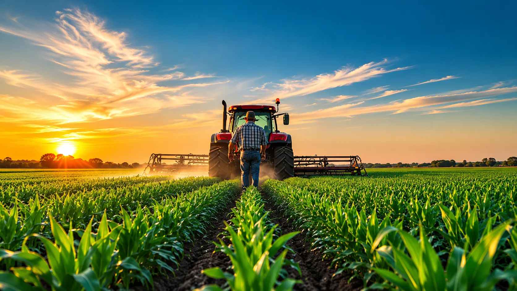 Agricultor caminando junto a un tractor en un cultivo al atardecer